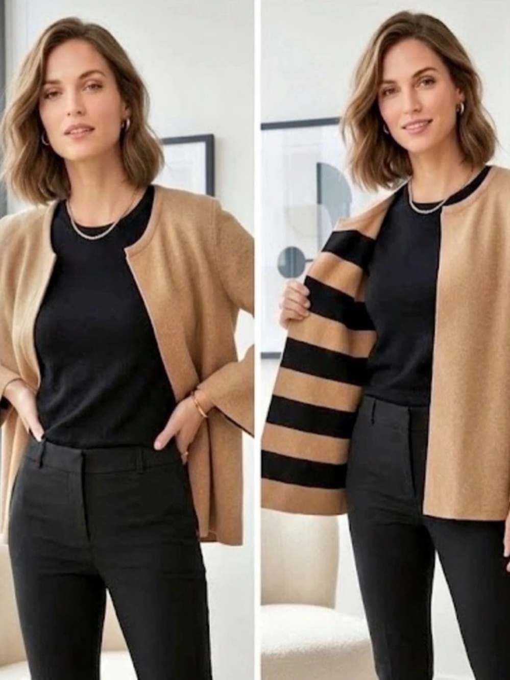 Ann Taylor Double Faced Sweater Cardigan in Camel w/ Camel & Black Striped Inter